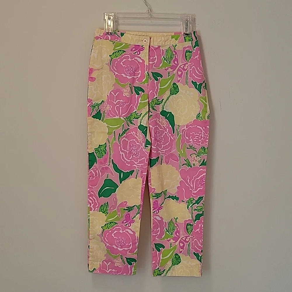 LILLY PULITZER Cropped Pink White Green Yellow Flower Print Pants Size 2 - Picture 1 of 13